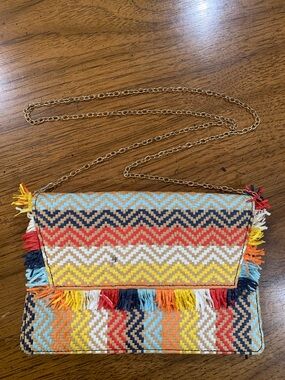 J. Crew Multicolor Chevron Fringe Crossbody Clutch with Gold Chain